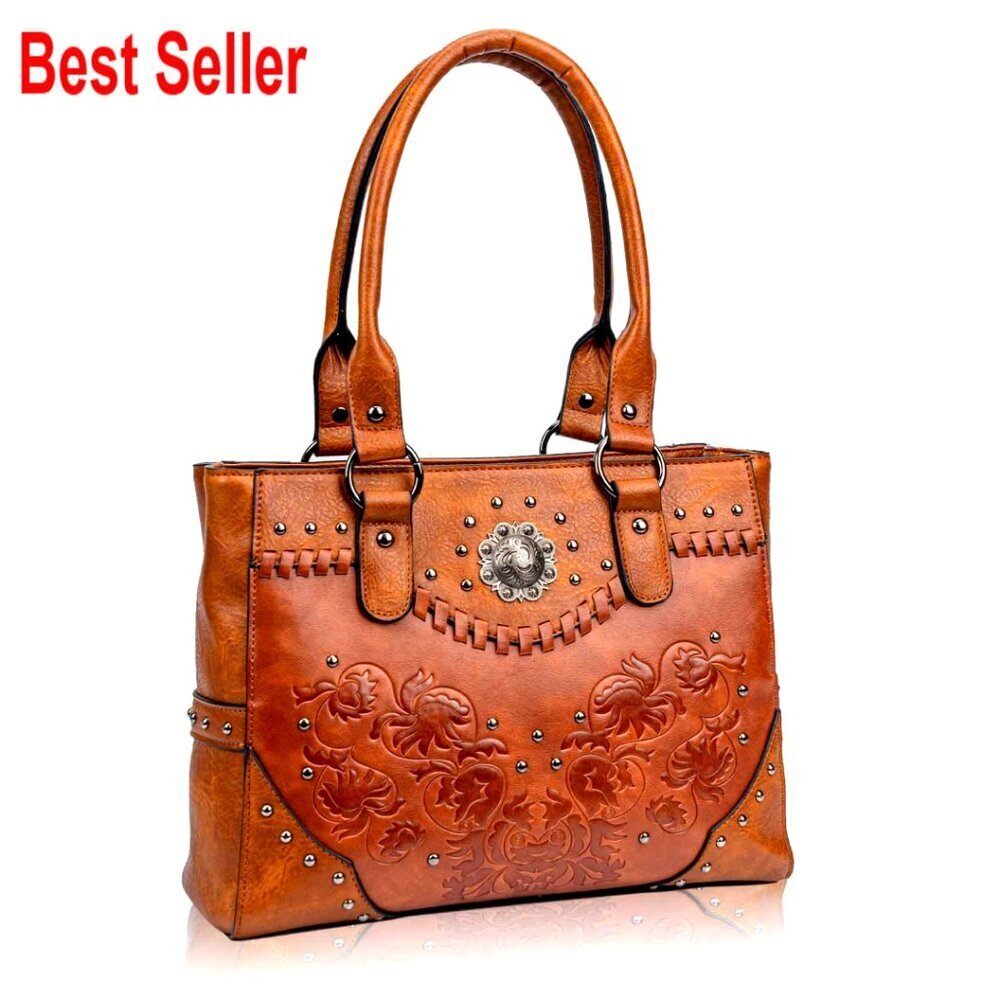 Large PU Leather Tote Bag with Vintage Western Embossed Floral Studs